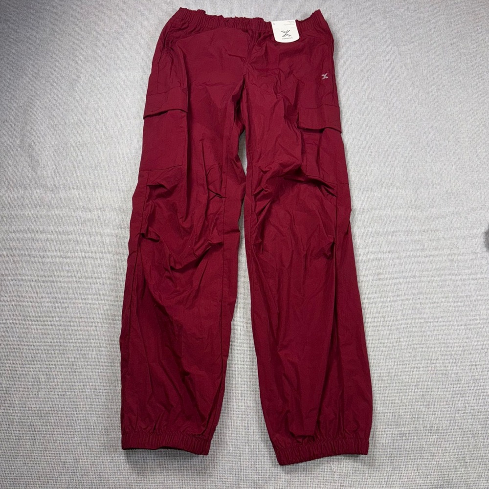 Xersion Womens High Rise Woven Parachute Pants Desire Red Cargo Nylon L 14 NEW